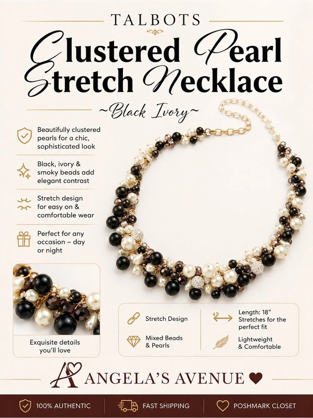 Talbots Clustered Pearl Stretch Necklace Black Ivory NEW